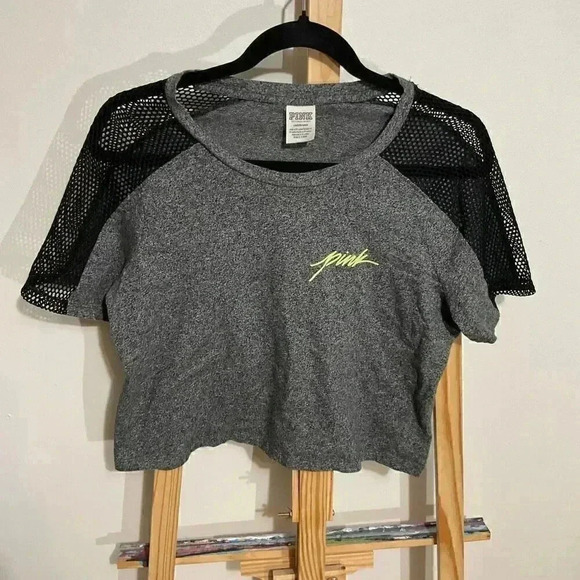 Pink Mesh crop grey shirt size Large women’s - Picture 1 of 5